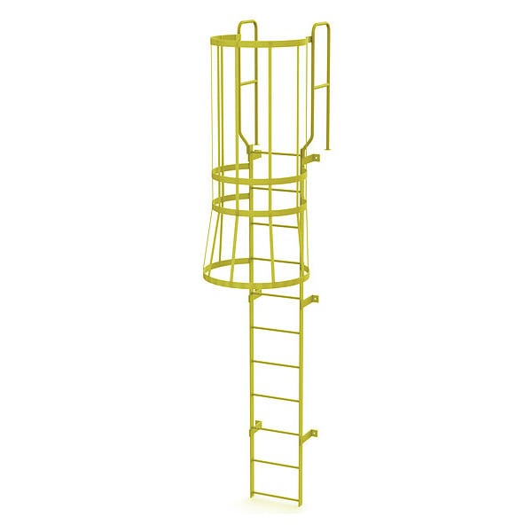13 ft. 6" Overall H, Ladder, Steel, WalkThru Fixed Cage, 11-Rung, Steel, 11 Steps