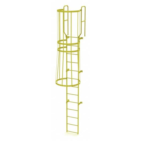 15 ft. 6" Overall H, Ladder, Steel, WalkThru Fixed Cage, 13-Rung, Steel, 13 Steps