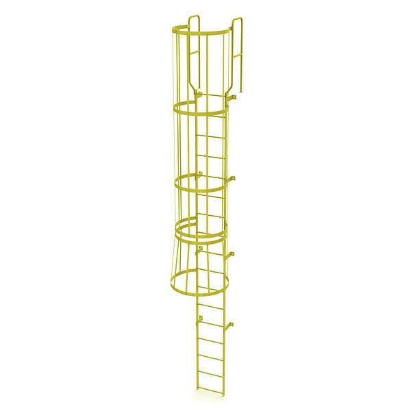 19 ft. 6" Overall H, Ladder, Steel, WalkThru Fixed Cage, 17-Rung, Steel, 17 Steps