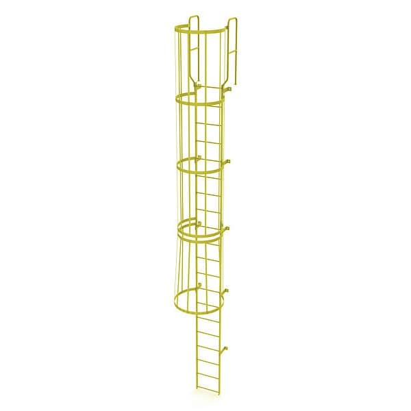 22 ft. 6" Overall H, Ladder, Steel, WalkThru Fixed Cage, 20-Rung, Steel, 20 Steps