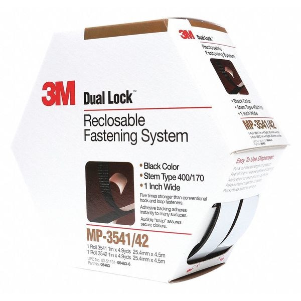 Reclosable Fastener, Rubber Adhesive, 15 ft, 1 in W, Black, 5 PK