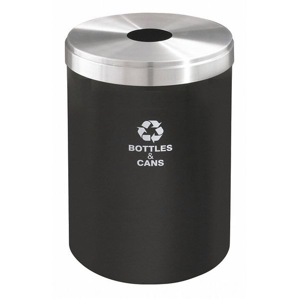 33 gal Round Recycling Bin, Open Top, Satin Black/Satin Aluminum, 1 Openings