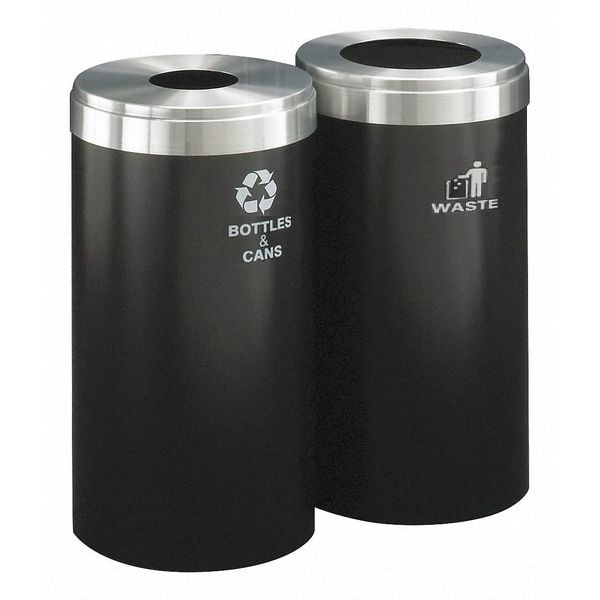 30 gal Round Recycling Bin, Open Top, Satin Black/Satin Aluminum, 2 Openings