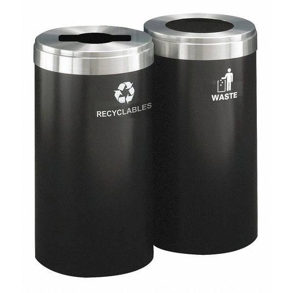 30 gal Round Recycling Bin, Open Top, Satin Black/Satin Aluminum, 2 Openings