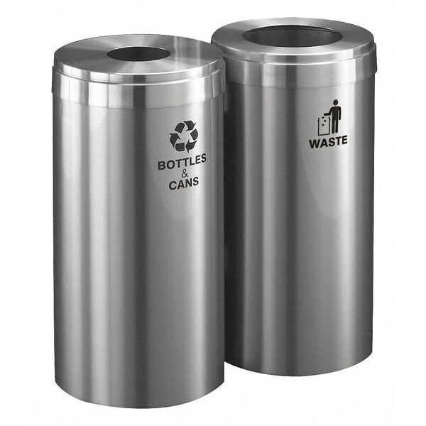 30 gal Round Recycling Bin, Open Top, Satin Aluminum, 2 Openings