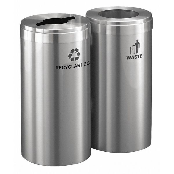 30 gal Round Recycling Bin, Open Top, Satin Aluminum, 2 Openings