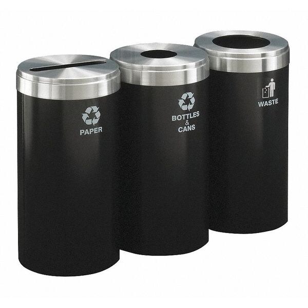 30 gal Round Recycling Bin, Open Top, Satin Black/Satin Aluminum, 3 Openings