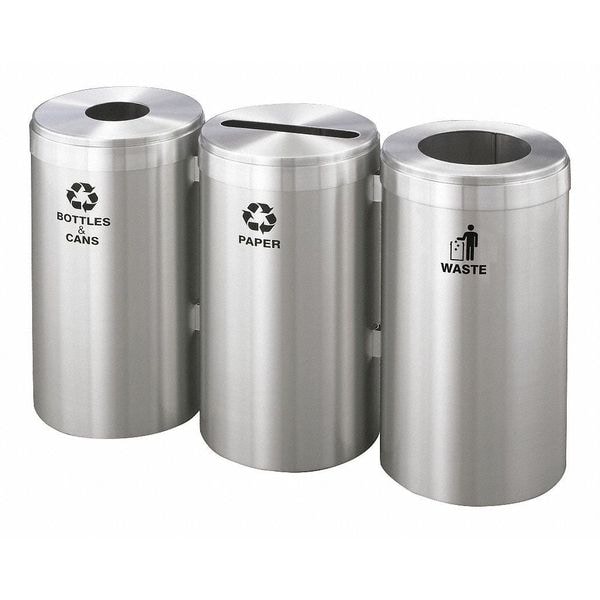 30 gal Round Recycling Bin, Open Top, Satin Aluminum, 3 Openings