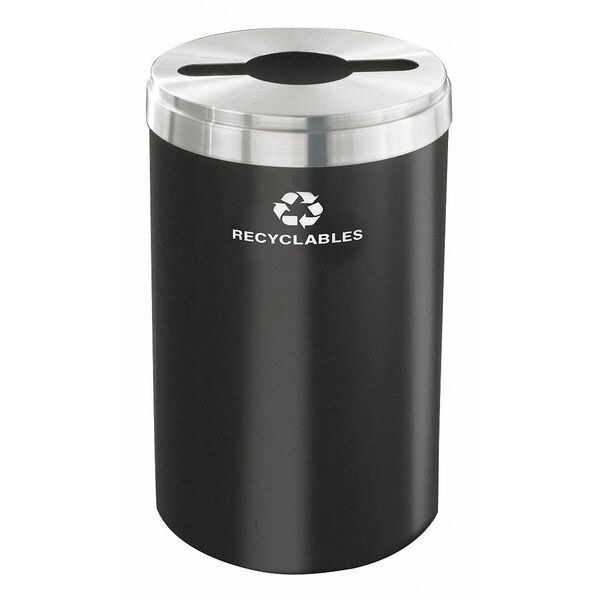 33 gal Round Recycling Bin, Open Top, Satin Black/Satin Aluminum, 1 Openings