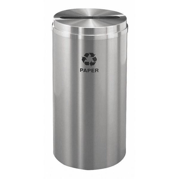 15 gal Round Recycling Bin, Open Top, Satin Aluminum, Paper, 1 Openings