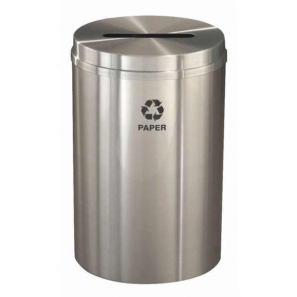 33 gal Round Recycling Bin, Open Top, Satin Aluminum, Paper, 1 Openings