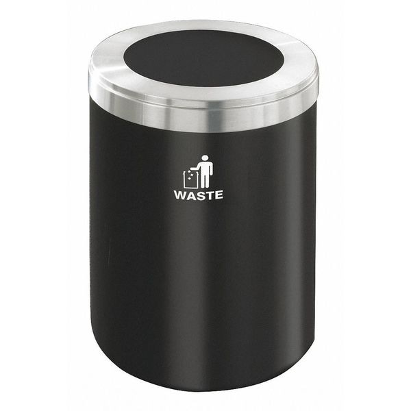33 gal Round Recycling Bin, Open Top, Satin Black/Satin Aluminum, 1 Openings