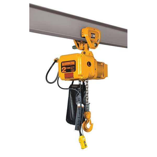 Electric Chain Hoist, 2,000 lb, 10 ft, Push Trolley, 115/230V AC, Yellow