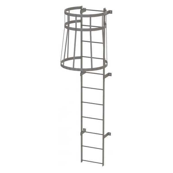 10 ft Overall H, Fixed Ladder with Safety Cage, Steel, 11 Steps, Top Exit, 500 lb Load Capacity