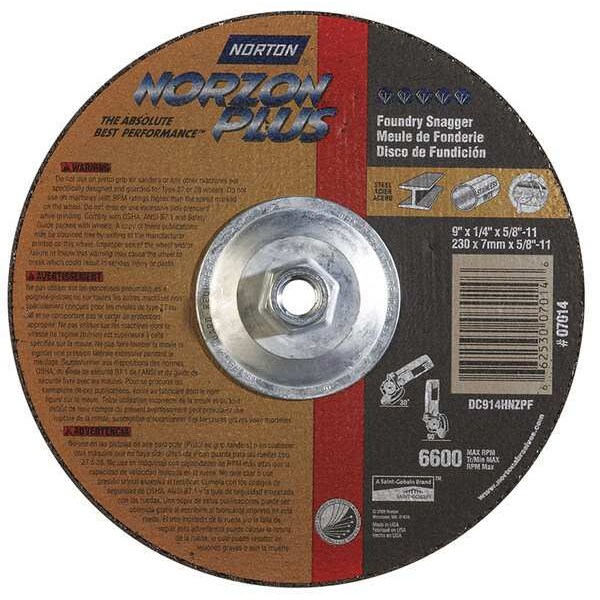 Depressed Center Grinding Wheel, Type 27, 9 in Dia, 0.25 in Thick, 5/8"-11 Arbor Hole Size, Ceramic