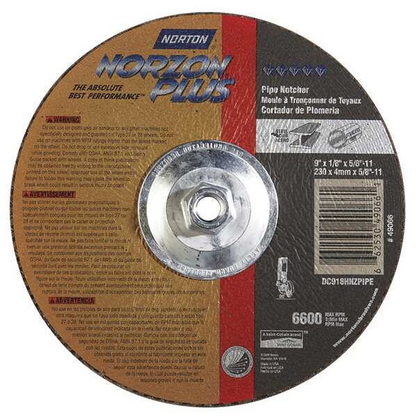 Depressed Center Cut-Off Wheel, Type 27, 9 in Dia, 0.125 in Thick, 5/8"-11 Arbor Hole Size, Ceramic