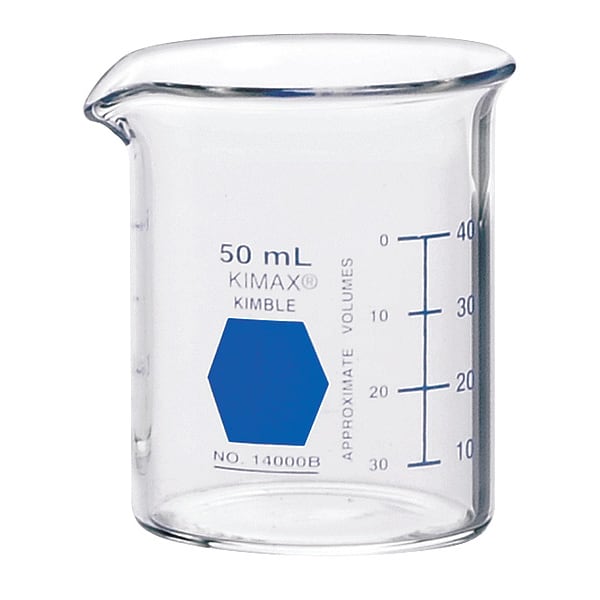 Colorware Beaker, Borosilicate Glass, Low Form, 50 mL / 1.69 fl oz Capacity, A Type I, 12 PK