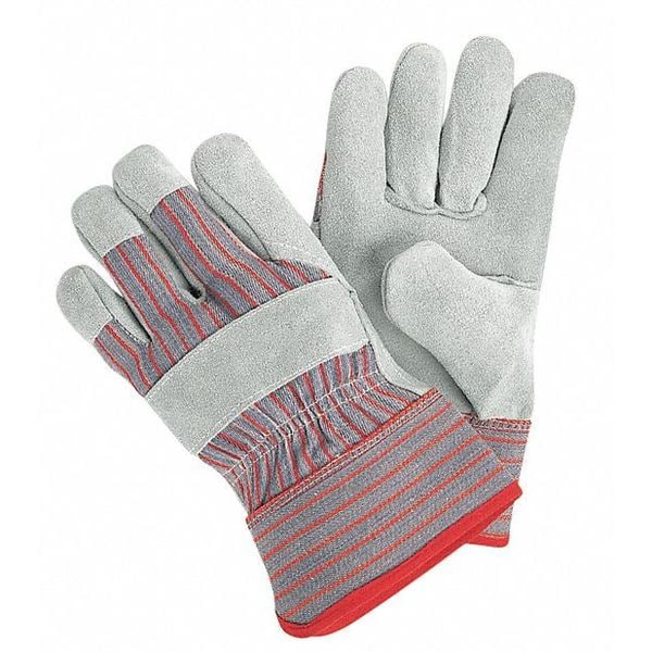 Leather Palm Gloves, Cotton Canvas, Safety Cuff, Wing Thumb, Gray Palm, Gray and Red Stripped Back