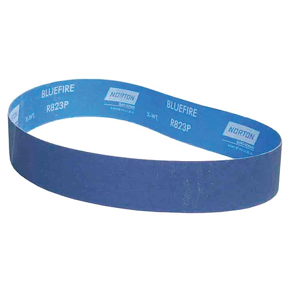 Sanding Belt, 2 in W, 36 in L, Coated, Zirconia Alumina, 120 Grit, Medium, BlueFire R823P, Blue