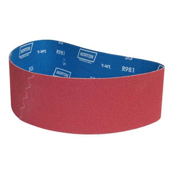 Sanding Belt, 4 in W, 79 in L, Coated, Ceramic, 36 Grit, Extra Coarse, R981 SG, Red