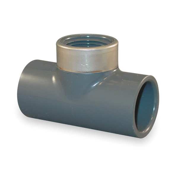 PVC, Stainless Steel Tee, Socket x Socket x FNPT, 1-1/2 in Pipe Size