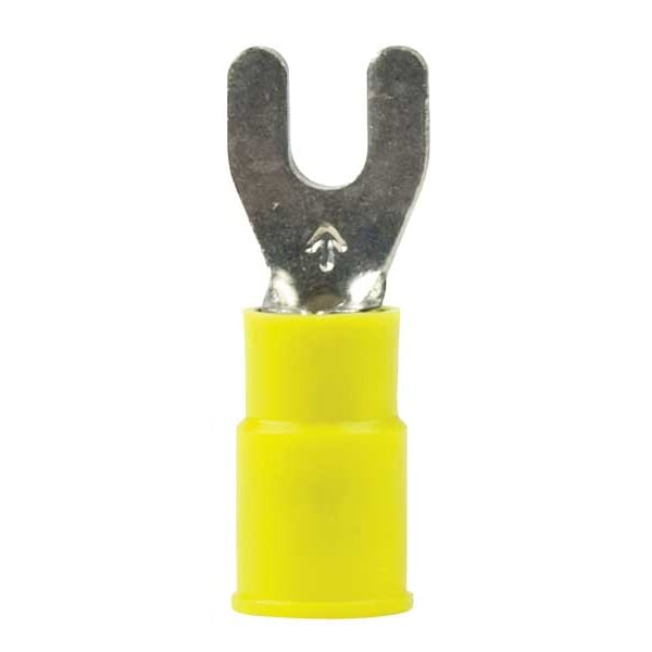 Fork Terminal, #6 Stud Size, 10 AWG, 600 V, Nylon Insulated, Yellow, Crimp Termination Only, 50 PK