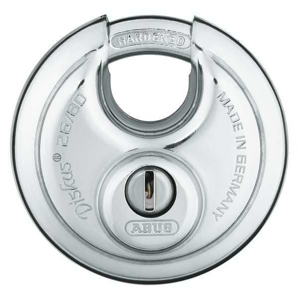 Padlock, Keyed Different, Partially Hidden Shackle, Disc Stainless Steel Body, Steel Shackle