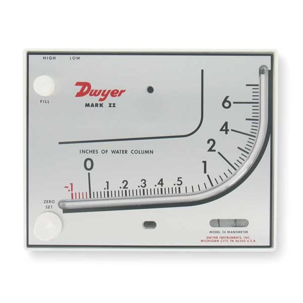Molded plastic manometer, range 0-7" w.c., blue fluid, 1.91 sp. gr.
