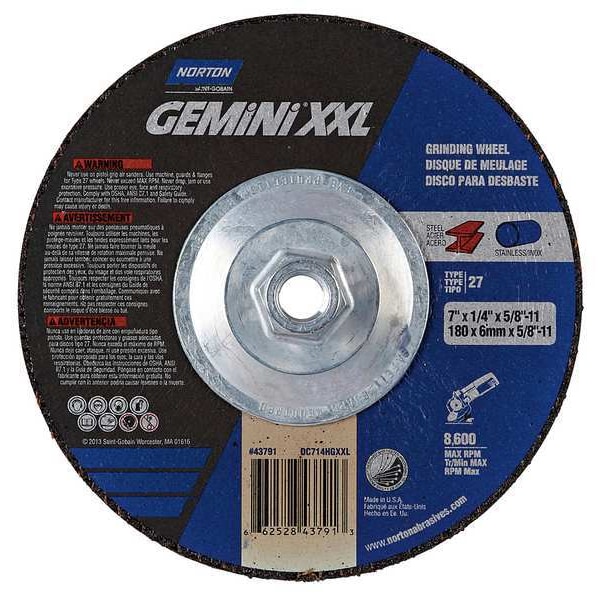 Depressed Center Grinding Wheel, Type 27, 7 in Dia, 0.25 in Thick, 5/8"-11 Arbor Hole Size, 24 Grit