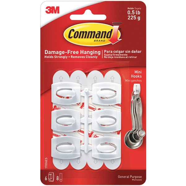 3M 17006 Command, Mini, White, 6 Hooks and Strips, 6/Packs per Case