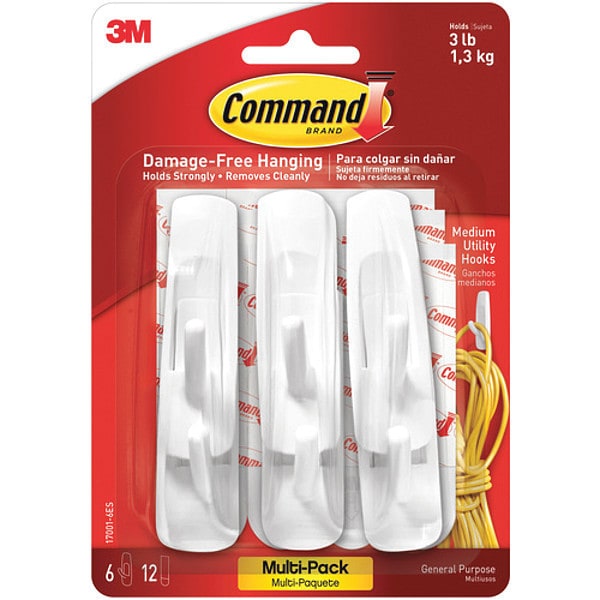 3M 17001 Command Value Pack, Medium, White, 6 Hooks and 12 Strips, 6/Packs per Case