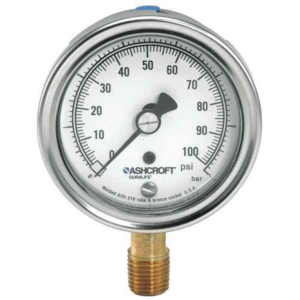 Industrial Compound Gauge, 30 to 0 to 15 psi, 3 1/2 in Dial, 1/4 in NPT, Bottom Location