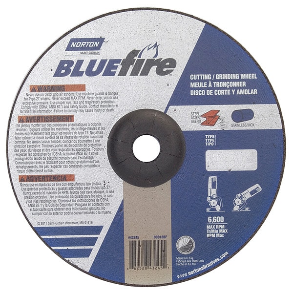 Cut-Off & Grinding Wheel, Type 27, 9 in Dia, 0.125 in Thick, 7/8 in Arbor Hole Size, 24 Grit