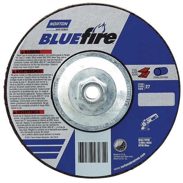 Depressed Center Grinding Wheel, Type 27, 9 in Dia, 0.25 in Thick, 5/8"-11 Arbor Hole Size, 24 Grit