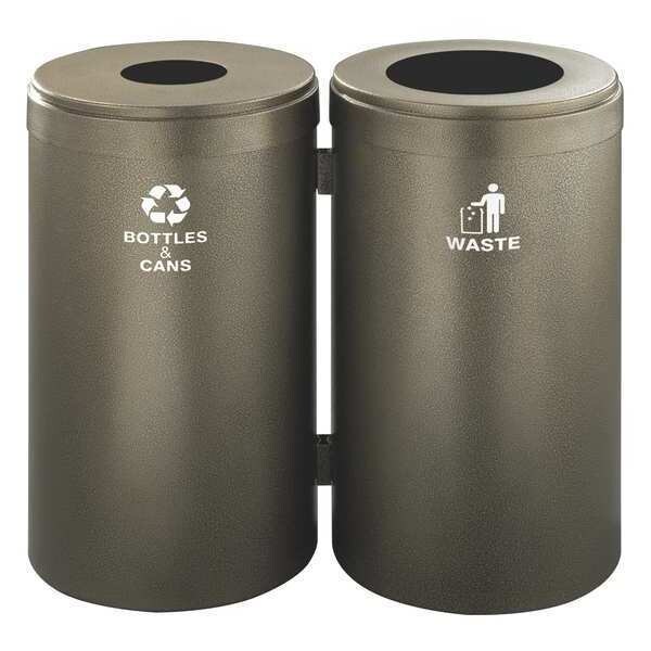 46 gal Round Recycling Bin, Open Top, Bronze Vein, Steel, 2 Openings