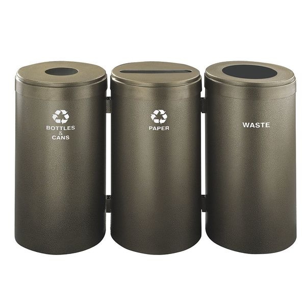 69 gal Round Recycling Bin, Open Top, Bronze Vein, Steel, 3 Openings