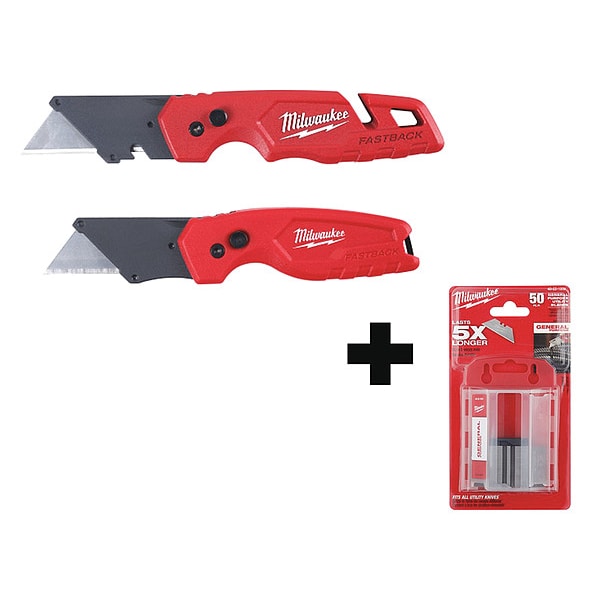 FASTBACK Folding Utility Knife Set + 50 PC General Purpose Utility Blades w/ Dispenser