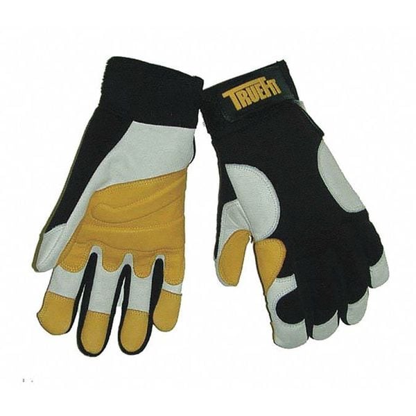 TrueFit Mechanics Gloves, Goatskin/Spandex, Clute Cut, Hook and Loop Closure, Pearl/Gold, XL, PR