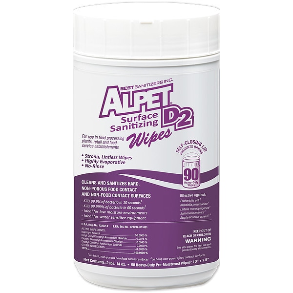 Alpet D2 Sanitizing Wipes, Canister, 10 in x 7 1/2 in, Unscented, 90 Wipes, PK6