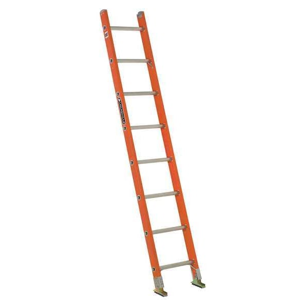 8 ft Overall H, Straight Ladder, Fiberglass, 8 Steps, Orange Finish, 300 lb Load Capacity