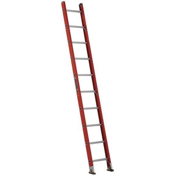 10 ft Overall H, Straight Ladder, Fiberglass, Orange Finish, 300 lb Load Capacity