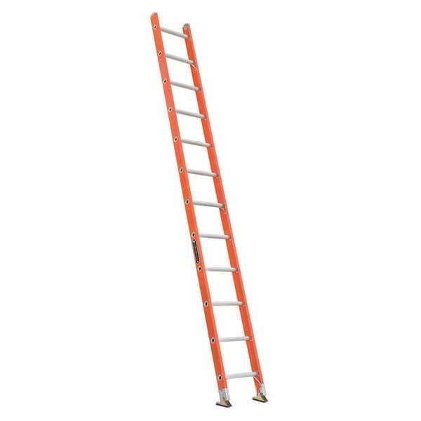 12 ft Overall H, Straight Ladder, Fiberglass, 12 Steps, Orange Finish, 300 lb Load Capacity