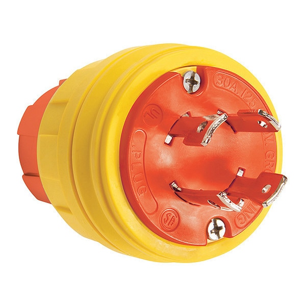 Locking Plug, L14-30P, 30 A, 125V AC, Single Phase, 3 Pole, Screw Terminals, Yellow