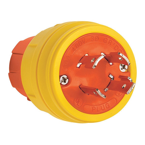 Locking Plug, L16-30P, 30 A, 480V AC, Three Phase, 3 Pole, Screw Terminals, Yellow