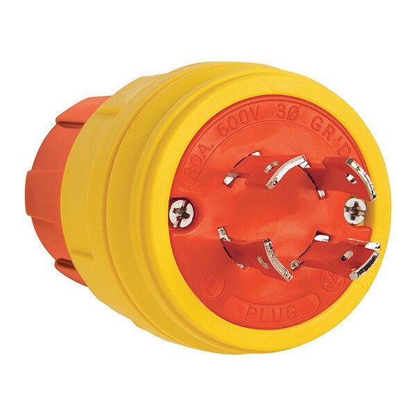 Locking Plug, L17-30P, 30 A, 600V AC, Single Phase, 3 Pole, Screw Terminals, Yellow
