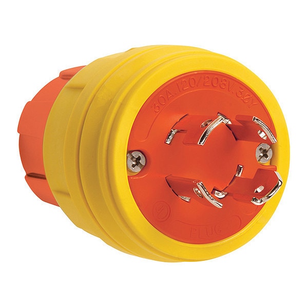 Locking Plug, Non-NEMA, 30 A, 120V AC, Three Phase, 4 Pole, Screw Terminals, Yellow