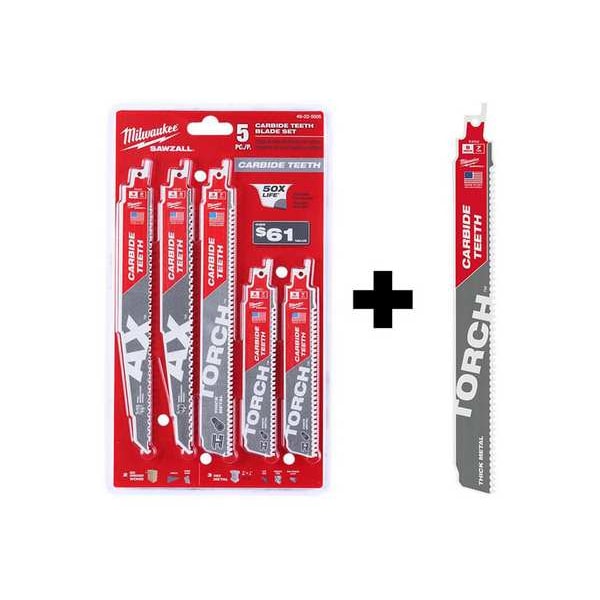 9" 8TPI The TORCH w/ CARBIDE TEETH + SAWZALL Carbide Wood & Metal Reciprocating Saw Blade Set, 5PC
