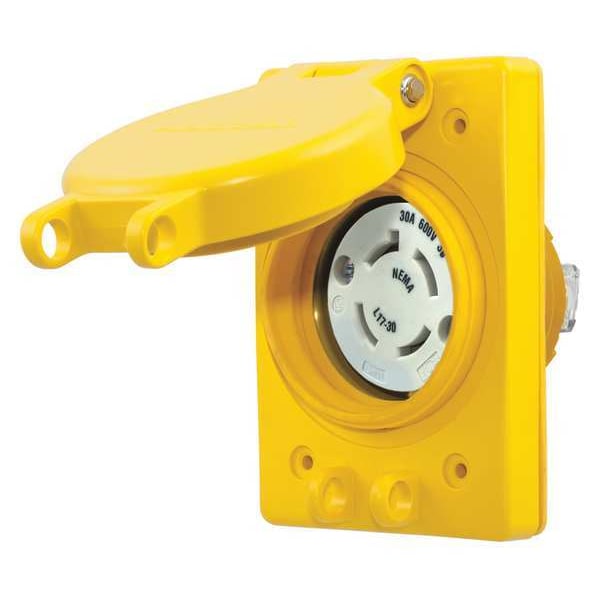 Watertight Flanged Locking Receptacle, L17-30R, 30 A, 600V AC, Three Phase, 3 Pole, Flush Mount