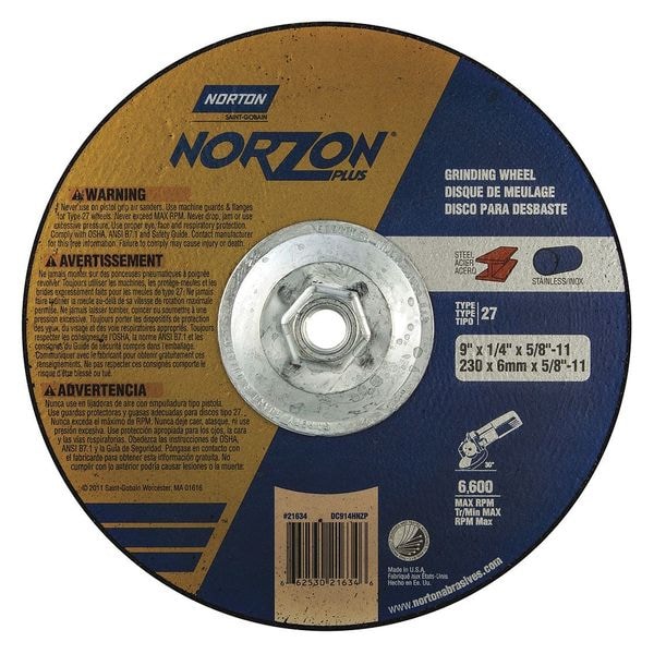 Depressed Center Grinding Wheel, Type 27, 9 in Dia, 0.25 in Thick, 5/8"-11 Arbor Hole Size, Ceramic