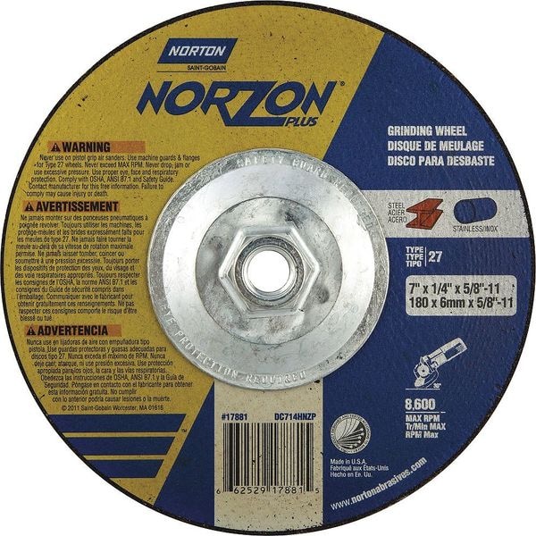 Depressed Center Grinding Wheel, Type 27, 7 in Dia, 0.25 in Thick, 5/8"-11 Arbor Hole Size, Ceramic